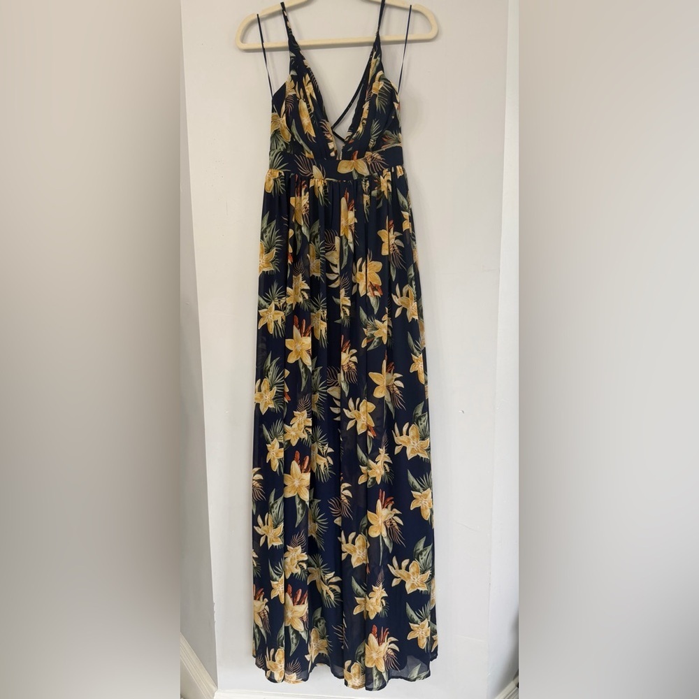 Ricarica Women’s Small Navy Floral Print Backless Deep V Full Skirt Maxi Dress